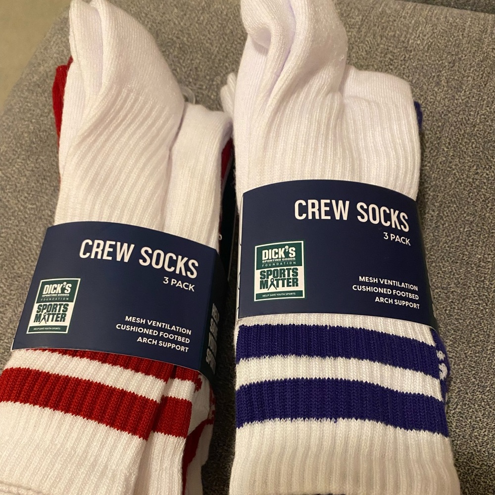 DSG Dick's 6 Pr Crew Socks Unisex NEW Sz Large Team Red Blue Combo